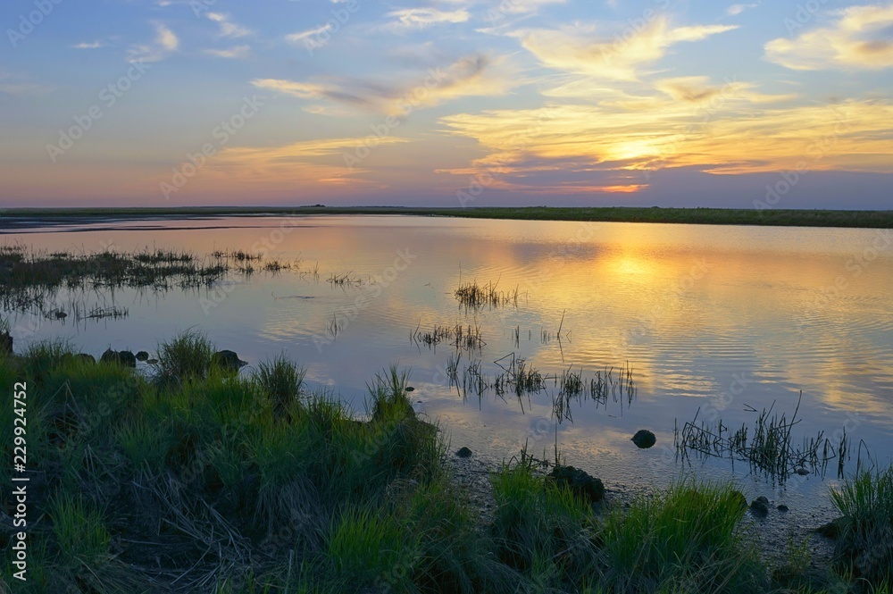 Magical sunset on the Simmi river. Bolon Nature Reserve. Khabarovsk region, far East, Russia.
