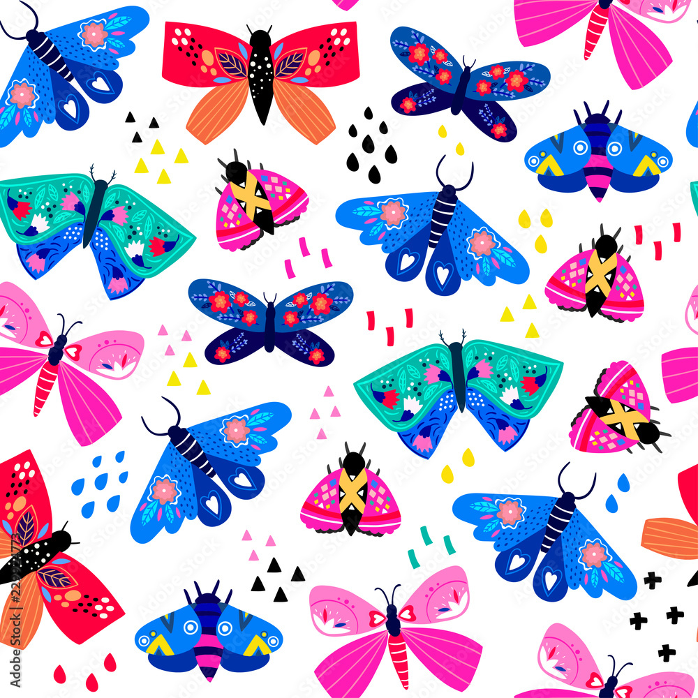 Drawn butterflies and moths on fabric