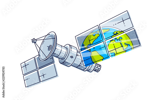 Artificial orbital satellite floating in weightlessness and reflecting earth in solar panels like in the mirror, science and communication technology. Thin line 3d vector illustration.