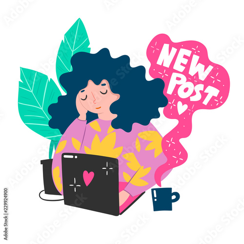 New post. Cute blogger girl. Colored vector illustration