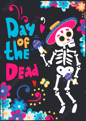 Day of the dead. Mariachi skeleton. Hand drawn colored vector greeting card