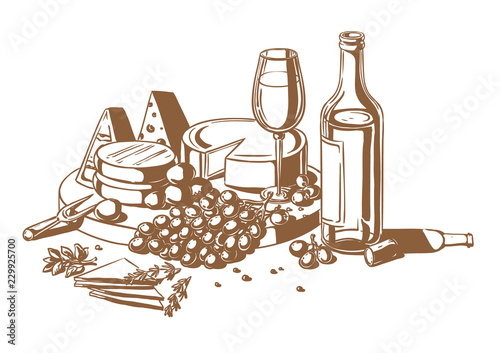 Still life of a set of cheeses with grapes and wine