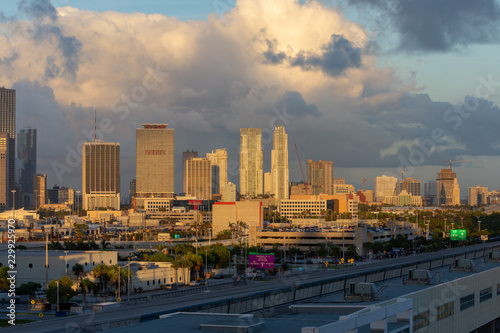 wide angle of the cityscape of downtown miami florida on an early summer morning