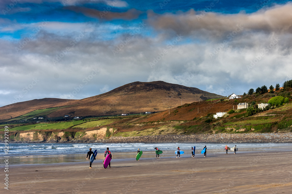 Surfers in the Inch Strand in Ireland, Kerry County