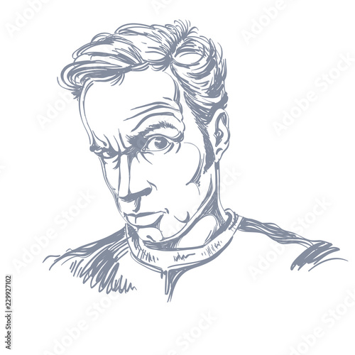 Vector drawing of suspicious man with short hair. Black and white portrait of attractive skeptic guy.