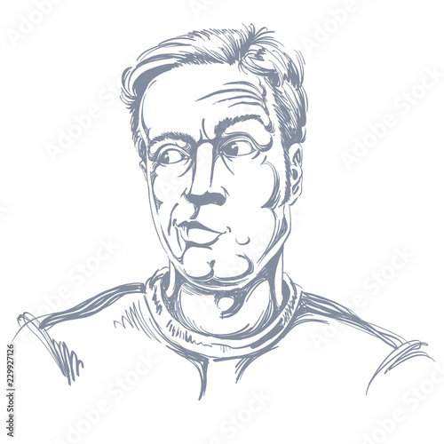 Monochrome vector hand-drawn image, young man in doubt, disbeliever. Black and white illustration of skeptic guy.