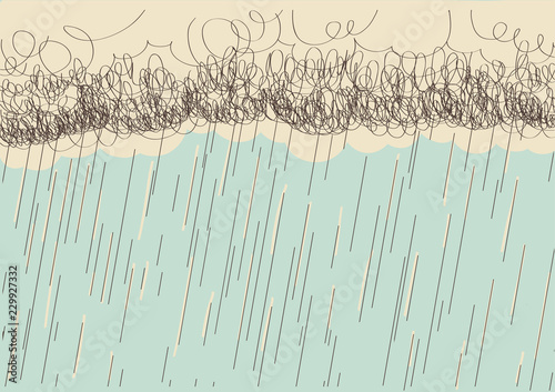 Rain.Vector hand drawn image with dark clouds in wet day