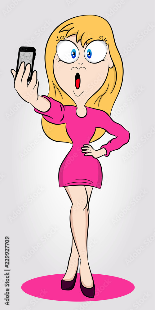 Funny cartoon positive blond-haired woman taking selfie doing duck face.  Young funny woman doing taking selfie shot on mobile phone and blowing  lips. Stock Vector | Adobe Stock