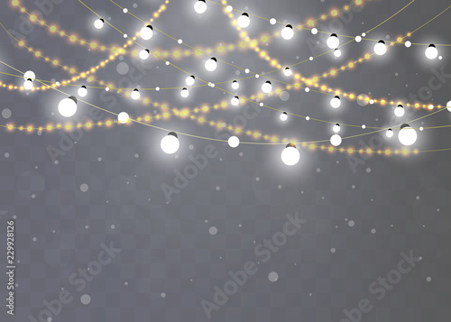 Christmas lights isolated realistic design elements. Glowing lights for Xmas Holiday cards, banners, posters, web design. Garlands decorations photo