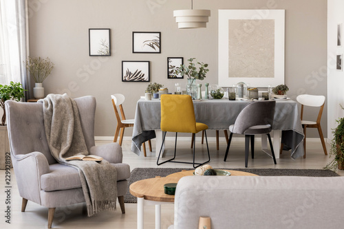 Blanket on grey armchair in spacious dining room interior with chairs at table. Real photo © Photographee.eu