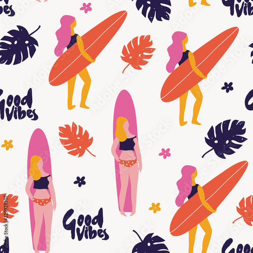 Hand drawn surf girls. Colored vector seamless pattern