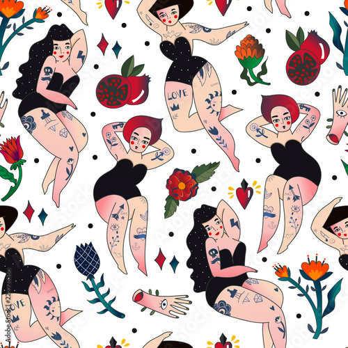 Beautiful tattooed women. Colored vector seamless pattern