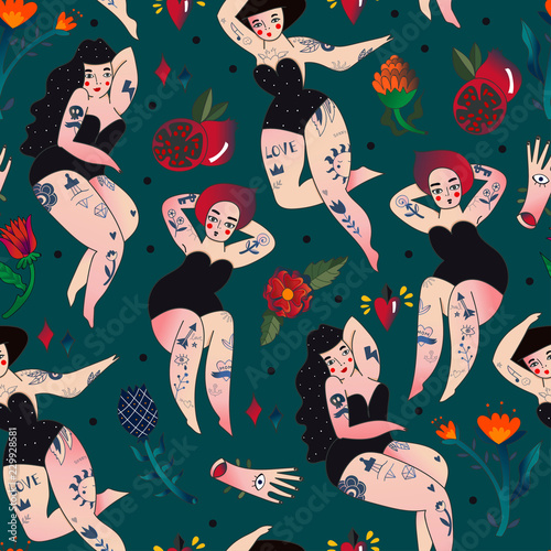 Beautiful tattooed women. Colored vector seamless pattern. Dark background