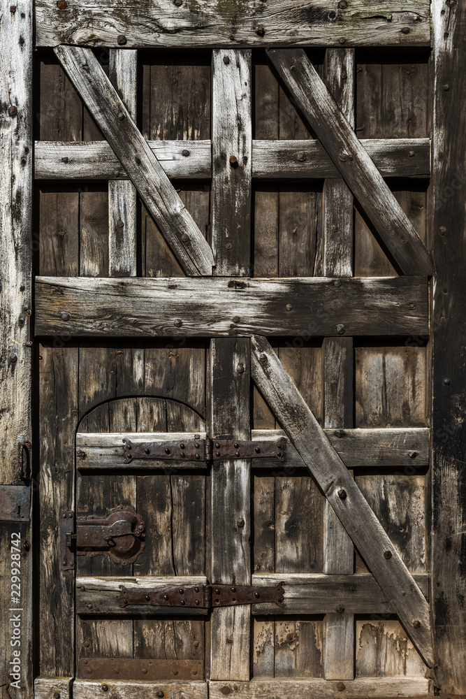 Closed old vintage wooden door with door lock in medieval french castle.