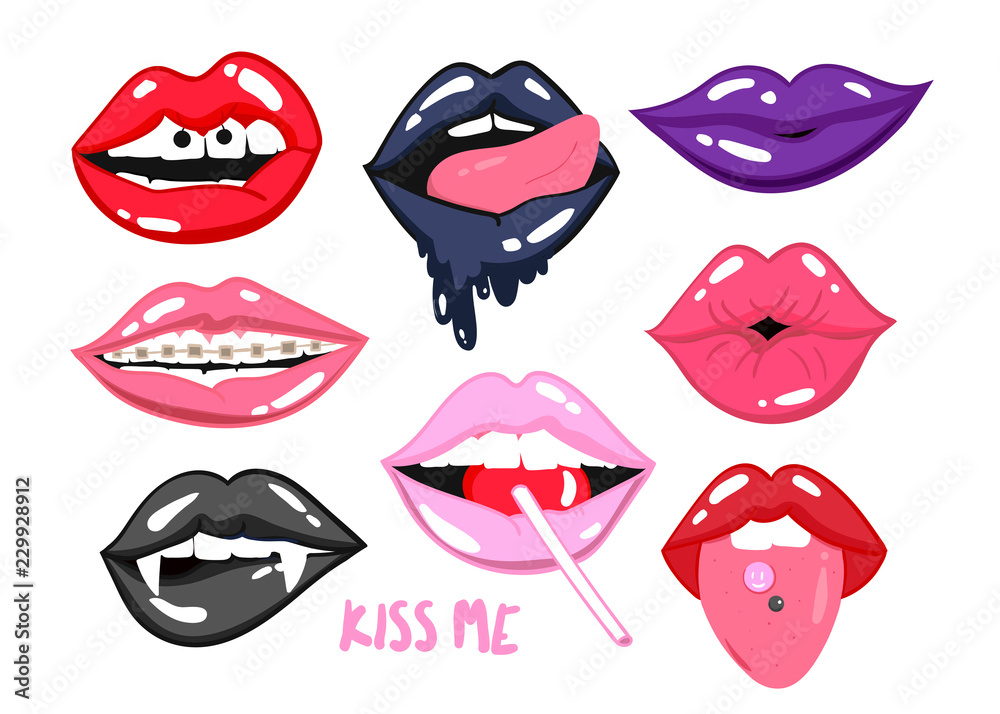 Fototapeta Various expressions of different lips. Colored vector set. All elements are isolated