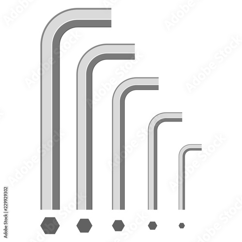Allen wrench top and side view. Vector flat hexagonal key icons set isolated on a white background.