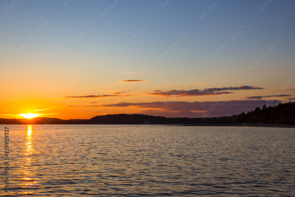 Sunset Sunlight Water Reflection of Bright Sun Golden Sundown Colorful Blue Sky Summer Landscape