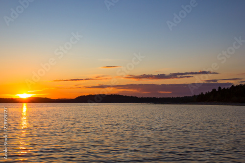 Sunset Sunlight Water Reflection of Bright Sun Golden Sundown Colorful Blue Sky Summer Landscape