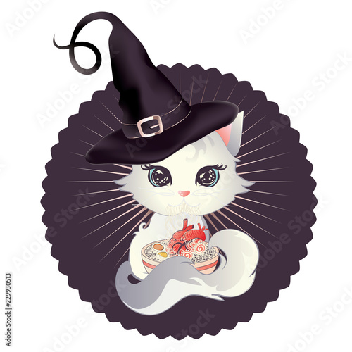 White kitten eat ramen