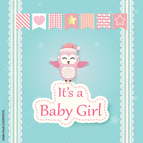 Baby girl shower card with Pink Owl Happy Birthday card paper art illustration