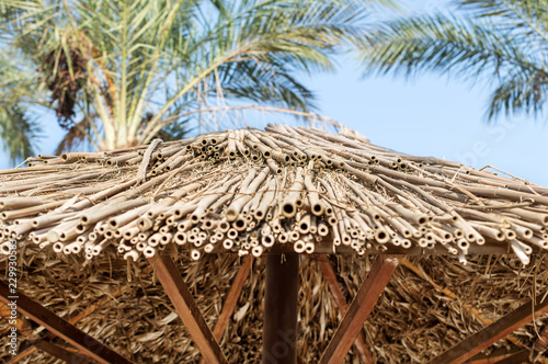 Straw umbrella at beach resort against blue sky. Close up. Abstract vacation and holiday background.