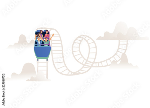 Roller coaster with adult company or team in open car on railroad track isolated on white background. Young people having fun and enjoyment on amusement ride in cartoon vector illustration.