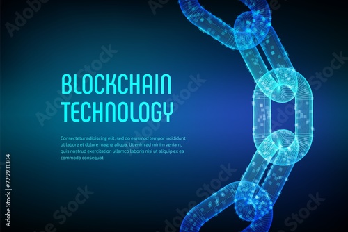 Block chain. Crypto currency. Blockchain concept. 3D wireframe chain with digital blocks. Editable cryptocurrency template. Stock vector illustration.