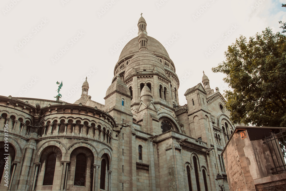 The amazing facade of the basilica Sacre-Coeur. View from below. Symbol of the Montmartre district. Paris, France