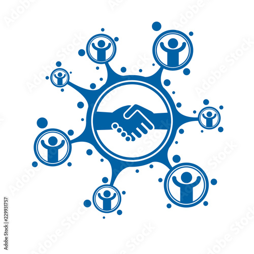 Social Relations conceptual logo, unique vector symbol. Hands contacting and Handshake sign, social deal, social interaction.