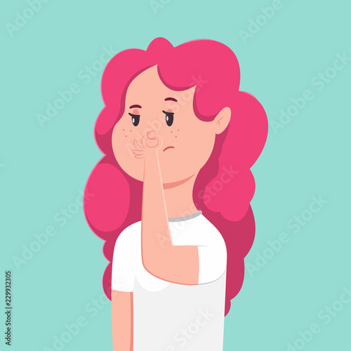 Bad smell vector concept illustration. Cartoon character girl pinches her nose from stinky odor isolated on background.