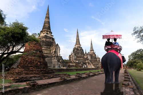 Foreign tourists Elephant ride to visit Ayutthaya, There are ruins and templesi in the Ayutthaya period.Concept is Travel in temple phar sri sanphet. © Suppasit