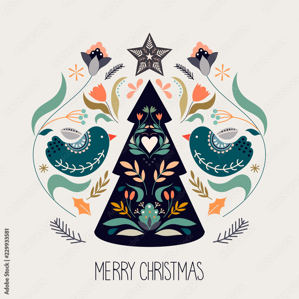 Christmas greeting card with scandinavian traditional elements