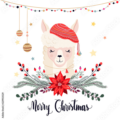 Christmas greeting card with cute llama and seasonal floral bouquet