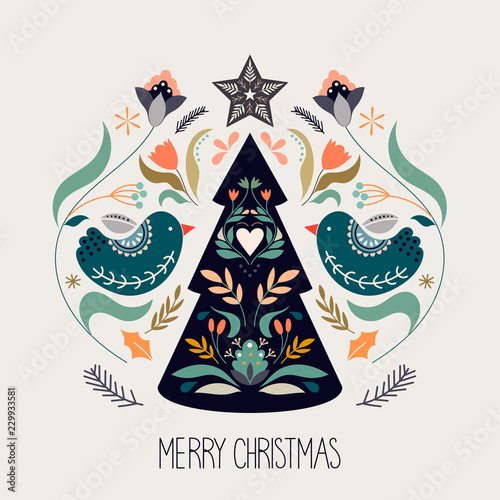 Christmas greeting card with scandinavian traditional elements