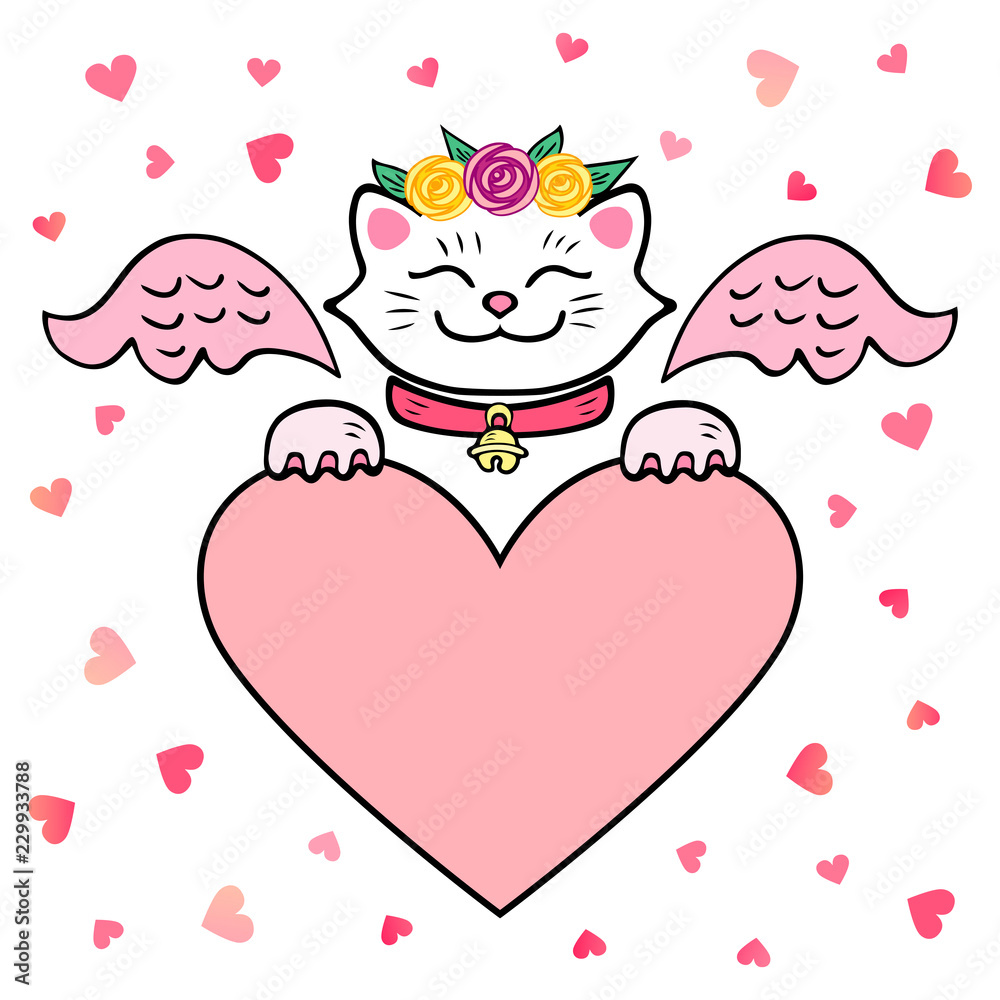 Vector illustration, white Cat with pink wings and heart. Template for St. Valentine's Day, invitation, party, Mother day, birthday, baby shower, greeting card. Japanese Maneki Neko white cat.