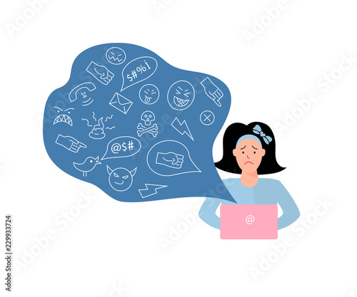 Vector illustration, sad teenage girl. Cyberbullying, trolling concept. Social network media community technology problems. Flat and line style.