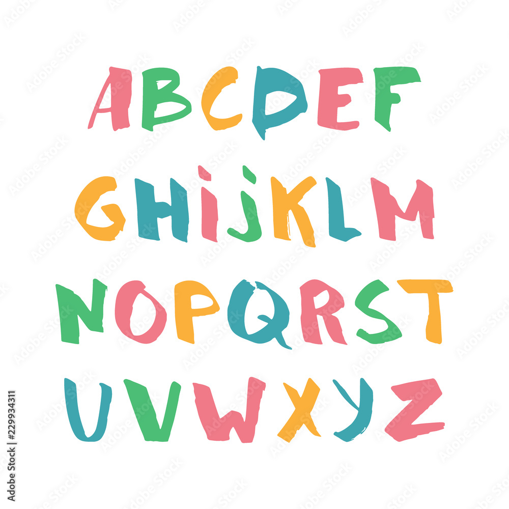 Color hand drawn alphabet, latin characters set. Vector lettering for posters, banners or greeting cards. Isolated on white background