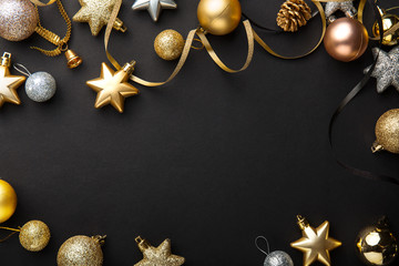 Golden silver christmas deco on black
