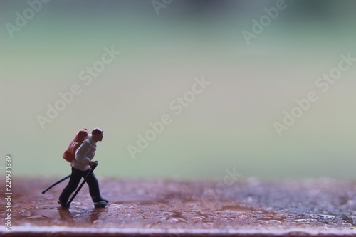 Mini Figure Hiker, walking at wet wooden path