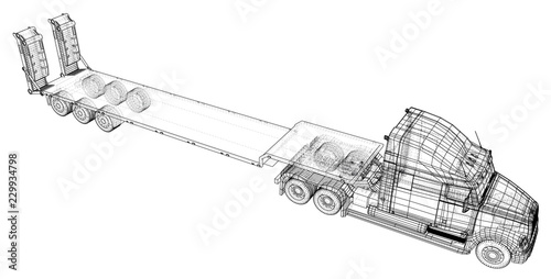 Model trailer truck. Wire-frame. EPS10 format. Vector rendering of 3d.