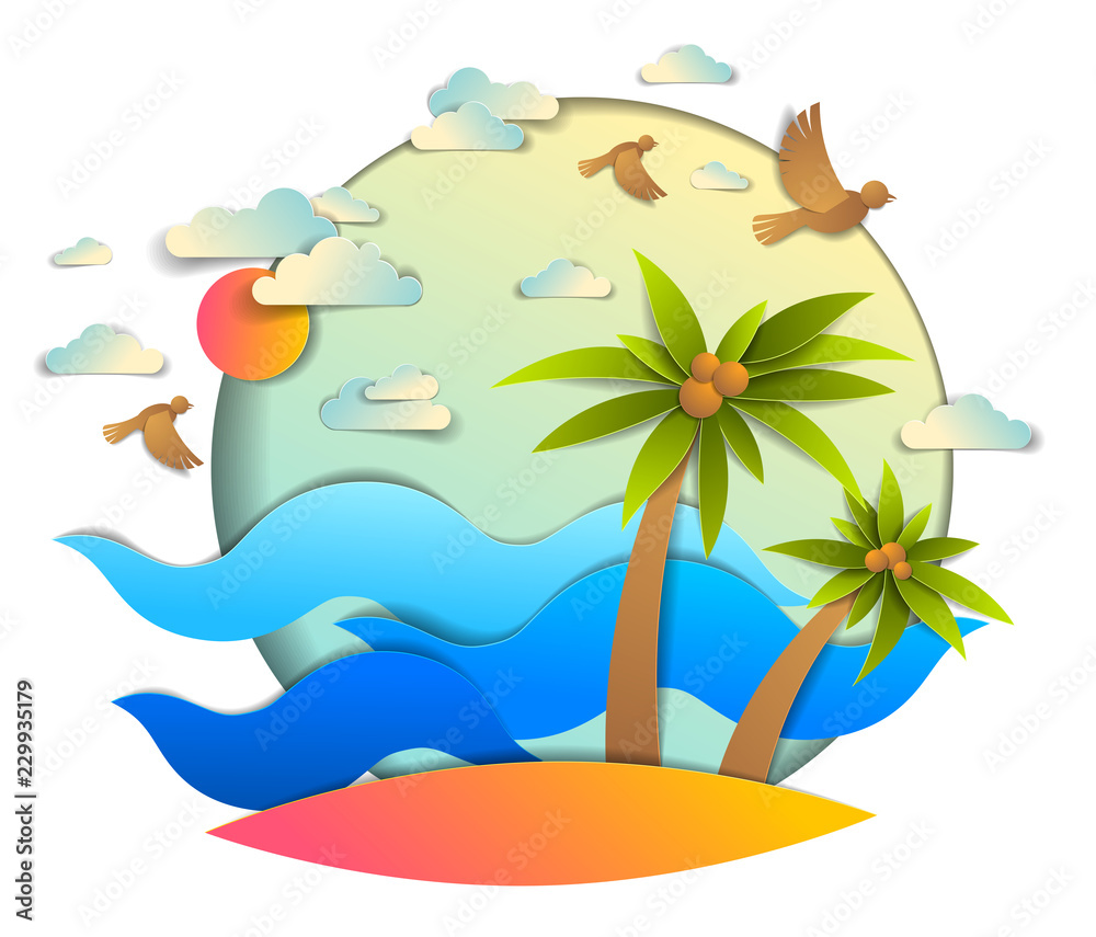 Beautiful seascape with sea waves, beach and palms, birds clouds and sun in the sky, vector illustration in paper cut style, seashore summer beach holidays theme.