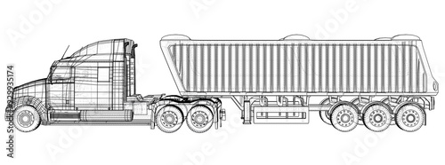 Dump truck vector illustration. Isolated white. Created illustration of 3d. Wire-frame.