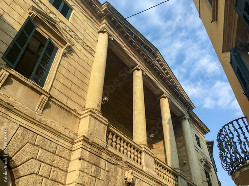 La Loggia Arvedi Building built in 1816, in Verona, Italy by architect Giuseppe Barbieri for the silk producer Gian Antonio Arvedi. The loggia features Ionic columns and an elliptical balcony. photo