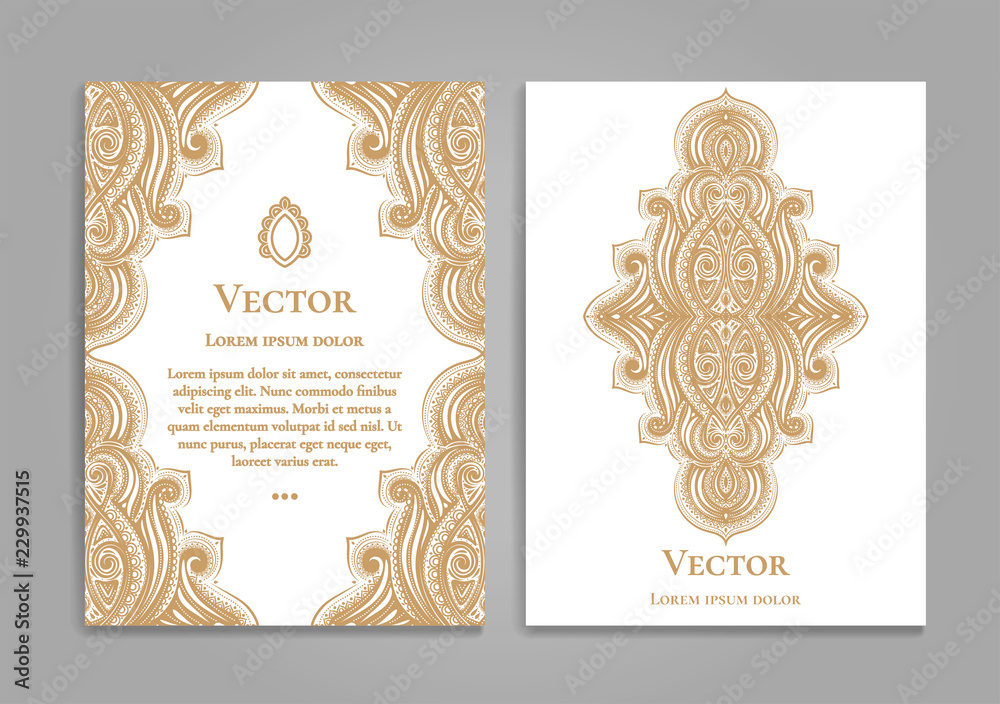 Gold vintage greeting card on a white background. Luxury vector ornament template. Mandala. Great for invitation, flyer, menu, brochure, postcard, wallpaper, decoration, or any desired idea.