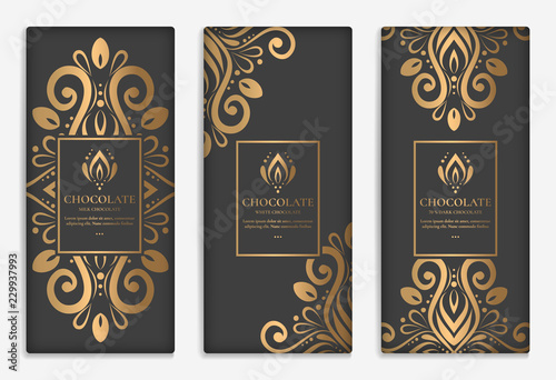 Luxury packaging design of chocolate bars. Vintage vector ornament template. Elegant, classic elements. Great for food, drink and other package types. Can be used for background and wallpaper. 