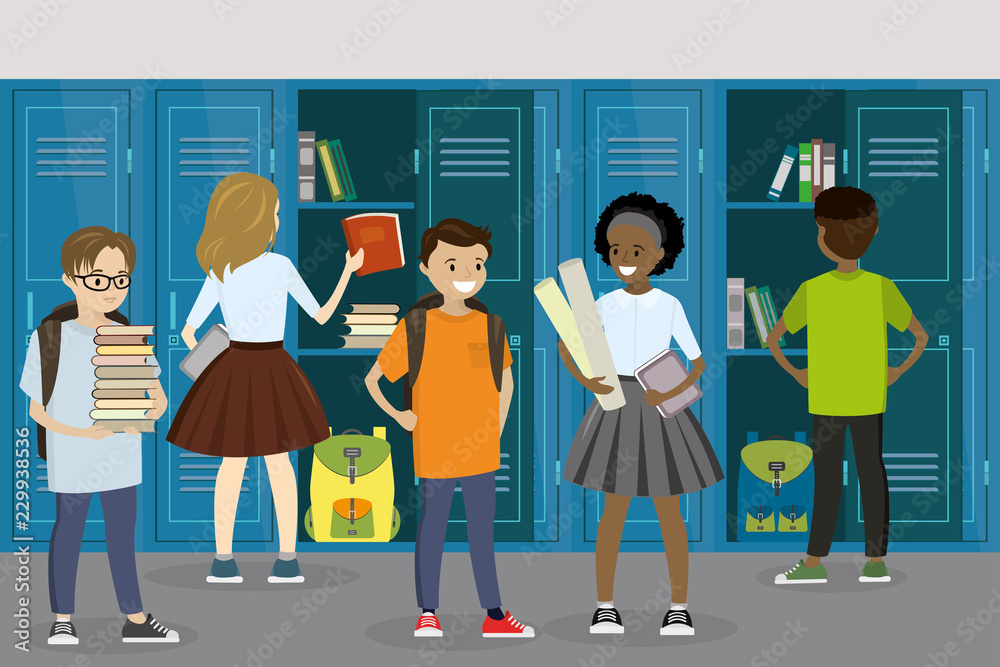 Fototapeta premium Lockers and students in the school hall,school interior,schoolboys and schoolgirls