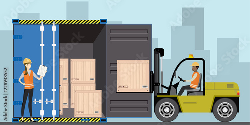 Forklift working with cargo container and product wooden boxes.