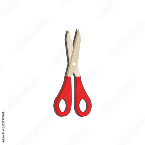 Open scissors with red plastic handles isolated on white background. Cutting instrument for office stationery, craft works or hair cut in flat colorful vector illustration.