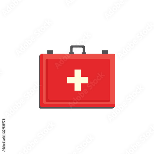 Red first aid kit case with cross isolated on white background - medicine chest with necessary medications. Medical box for healthcare and emergency help concept in flat vector illustration.