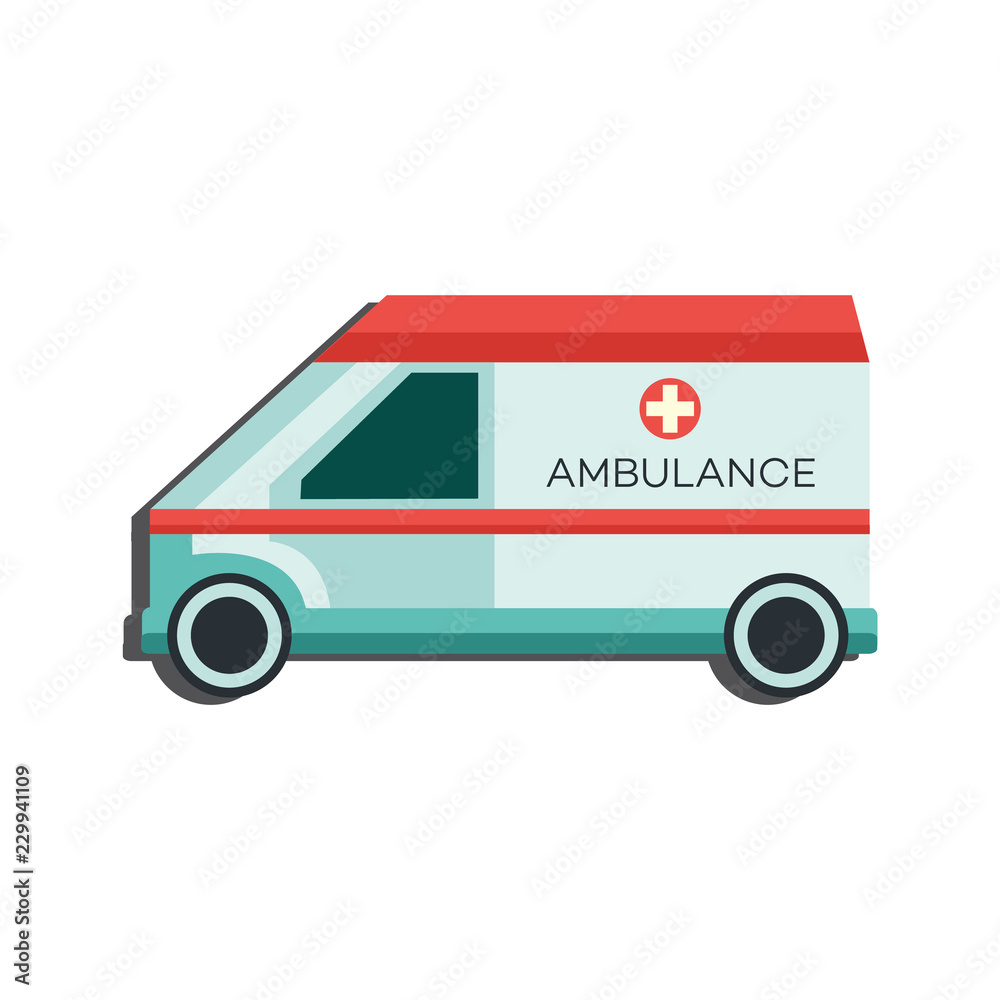 Medical emergency car icon - side view of ambulance transport isolated on white background. Rescue service truck in flat vector illustration for Healthcare and urgency concept. Medical emergency car icon - side view of ambulance transport isolated on white background. Rescue service truck in flat vector illustration for Healthcare and urgency concept.
